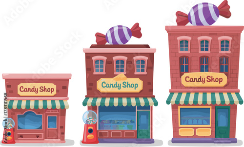 Three cartoon candy shop buildings with striped awnings, rooftop candy decor, gumball machines, brick facades, colorful windows, playful charm