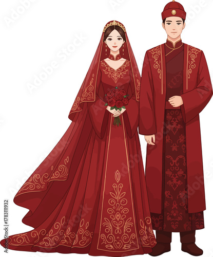 Vietnamese Wedding Couple in Traditional Attire Illustration 
