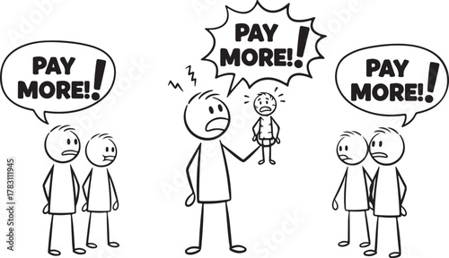 stick figure art, demanding more money from people