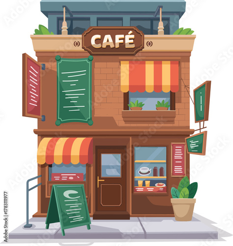 Two-story colorful café storefront with balcony, striped awnings, chalkboard menus, glass door, food display, plants, cozy urban charm