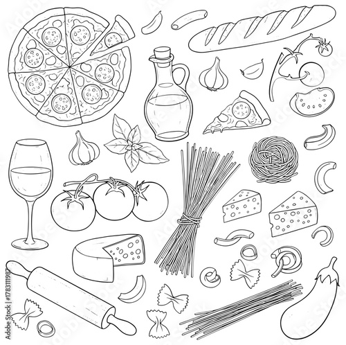 Hand drawn illustration of italian food ingredients pizza, pasta, wine, tomatoes, garlic, olive oil, bread, cheese and eggplant
