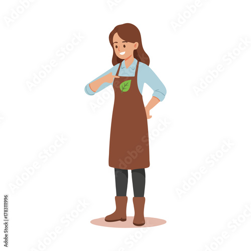 Smiling female gardener or shopkeeper character in a brown apron with a green leaf logo gesturing.