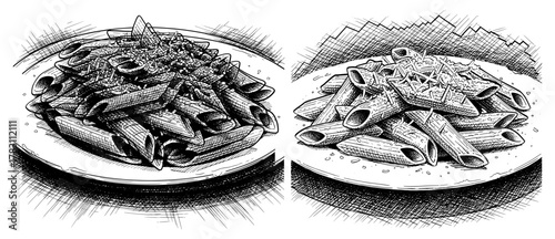 Handdrawn illustration of two plates of penne pasta with different sauces, creating a detailed and artistic culinary scene