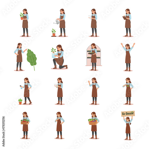 Female gardener and florist character set in various poses Woman in an apron with plants tools and gardening equipment.