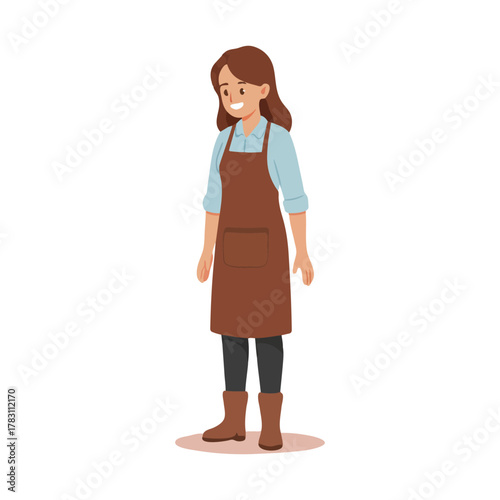 Smiling Woman Wearing Brown Apron and Boots Standing.