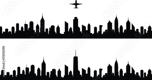 Modern city skyline silhouette with flying airplane, urban architecture vector, black building background, travel illustration, cityscape isolated design