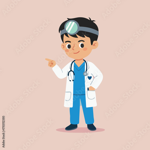Cartoon Doctor Wearing Headlight and Stethoscope Pointing Forward.