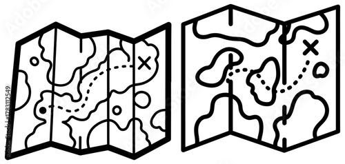Two folded maps showing a dotted line path to an x