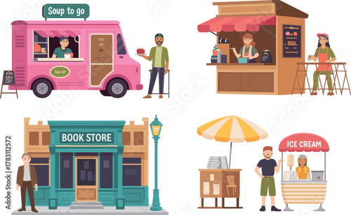 Vector illustration of five colorful urban vendor scenes including soup truck, coffee stand, bookstore, book stall, and ice cream cart
