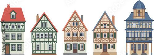Vector illustration of five traditional European houses with timber framing, gabled roofs, balconies, and historic architectural details in colorful facades
