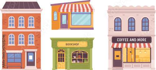 Vector illustration of four colorful storefronts including bookshop, coffee shop, small retail store, and multi-story brick building facade