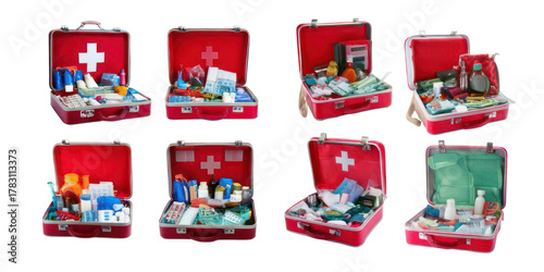 Various Red First Aid Kits with Supplies and Medicines,PNG set collection, isolated on transparent background