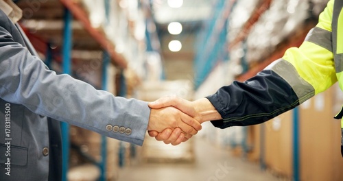Tableau sur toile Business people, logistics or handshake with b2b in warehouse for partnership, deal or supply chain