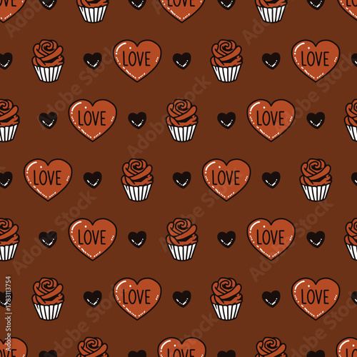 Brown Sweet Chocolate Cupcakes and Hearts Pattern. Perfect for Valentine Day themes, love greeting cards, wrapping paper, dessert packaging, and romantic digital designs.