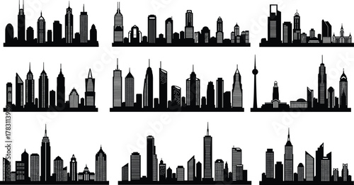 Modern city skyline silhouettes, urban building outlines, skyscraper architecture vector, black cityscape design, downtown skyline collection, high rise tower shapes, metropolitan horizon art