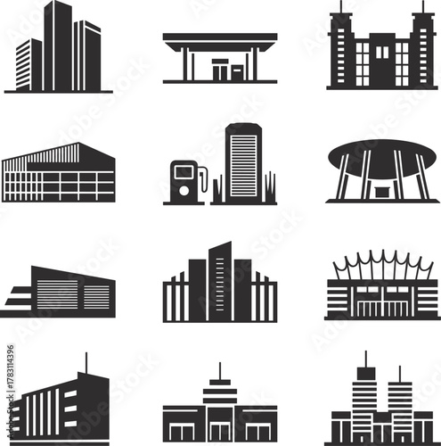 Modern commercial buildings icon set, architectural vector illustrations, urban infrastructure silhouettes, real estate and city structure black graphic symbols