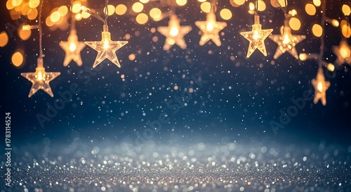 Twinkling golden star lights and bokeh create a magical festive background for celebrations and holidays