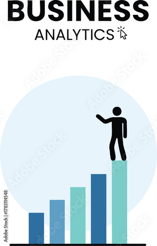 Vector Illustration of a figure stands victorious on the highest bar of a growth chart, symbolizing career success, data analysis, and achieving business goals