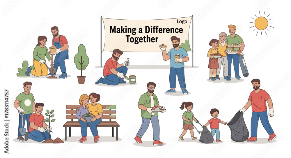 Naklejka premium Diverse community volunteers planting trees, cleaning up trash, and sharing food together to make a positive environmental and social impact