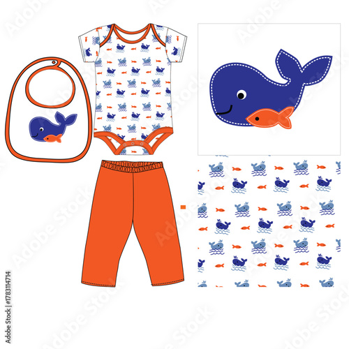 baby body suit with pant bib  shark print
