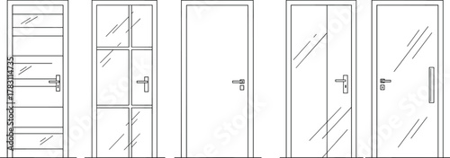 Modern door designs, wooden door, glass door, architectural door sketch, door vector set, interior entry, minimalist frame, CAD door drawing, black outline, closed entrance