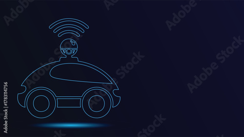 Autonomous Vehicle Neon Outline Vector Graphic Future Technology Car with Sensors and Antenna on Dark Blue Background - Innovative Transportation Design