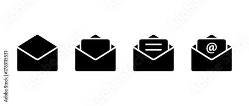 Email envelope icon collection. Open mail with letter and mention symbol