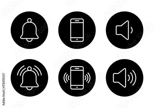 Notification bell, mobile phone, and sound speaker icon in black circle
