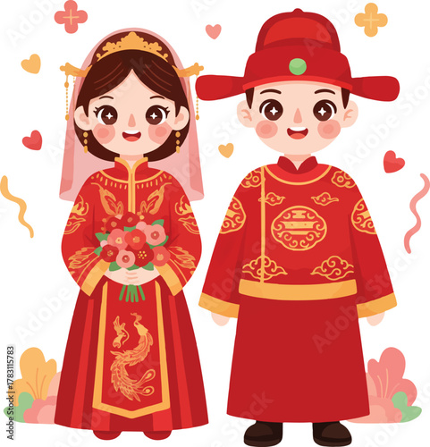 Chinese Wedding Couple in Traditional Red Attire Cultural Ceremony Illustration