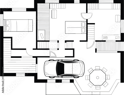 Modern house floor plan vector, architectural blueprint drawing, top view interior layout with garage, furniture, bedroom, living room design