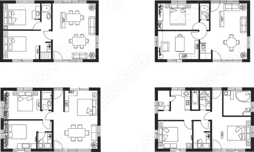 Modern house floor plan set, architectural layout design, home interior blueprint, real estate floor plans, apartment design template, architectural drawing illustration.
