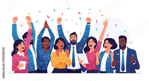 Diverse team celebrates success with confetti and raised fists, embodying triumph and achievement in a modern professional setting.