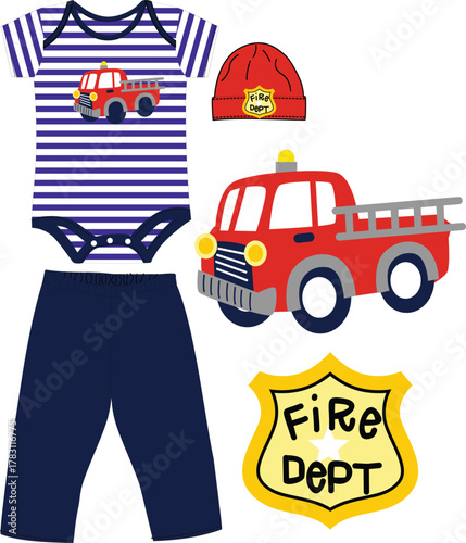 baby bodysuit with pant & cap fire brigade print 