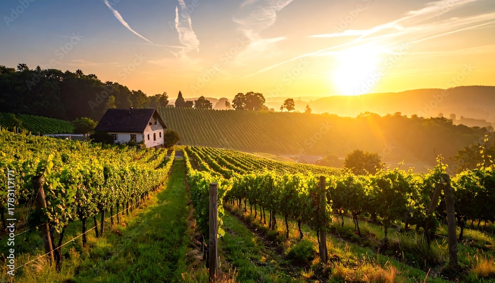 Naklejka premium Scenic golden hour shot of a vineyard with a small house