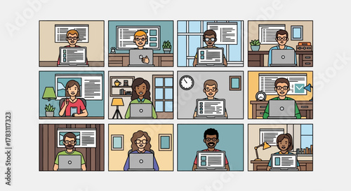 Diverse professionals collaborating remotely on laptops, showcasing modern teamwork and digital connectivity in a vibrant virtual environment.