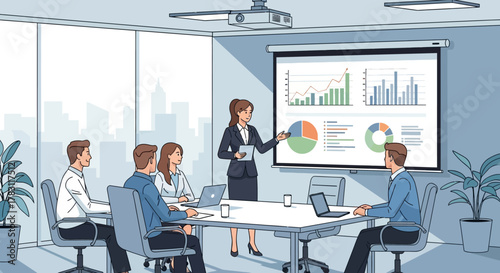 Confident businesswoman presents dynamic financial charts to engaged team in modern boardroom with city view