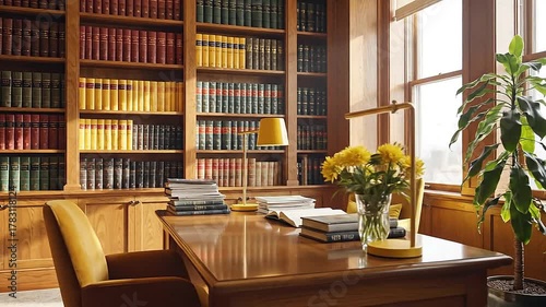 Wallpaper Mural Yellow accents edge a calm office library, slow pan across oak bookcases Torontodigital.ca