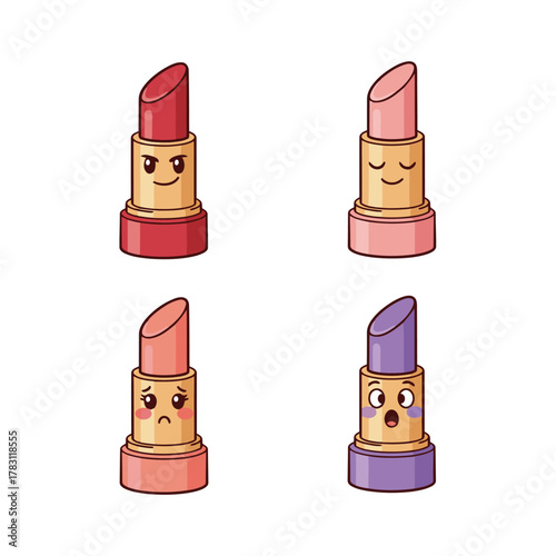 Set of four cute cartoon lipstick characters with different shades and facial expressions: angry, content, sad, and surprised