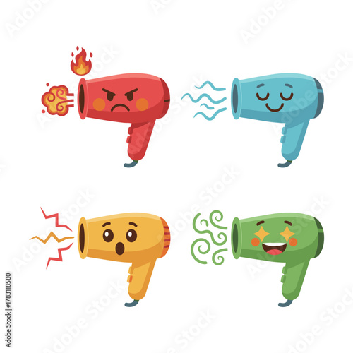 Set of four colorful cartoon hairdryer characters showing different exaggerated expressions: angry with fire, content with cool air, shocked with electricity, and excited with swirling air