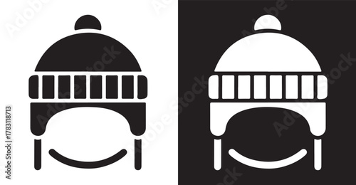 Minimalist Icon of Winter Hat with Ear Flaps and Pom Pom on Split Background