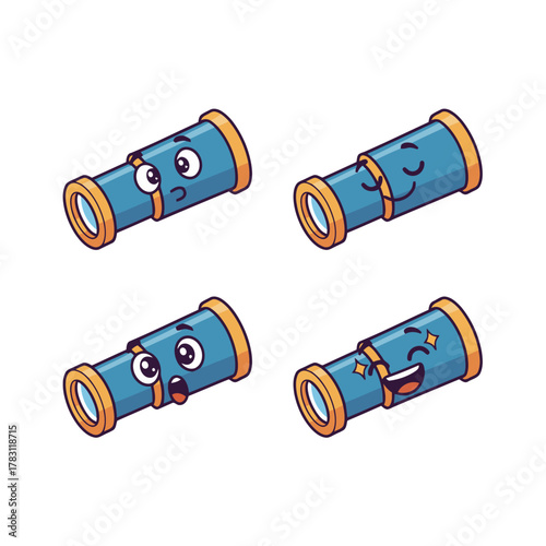 Set of four cute cartoon blue telescope or monocular characters with different facial expressions: pensive, content, surprised, and excited with sparkle eyes