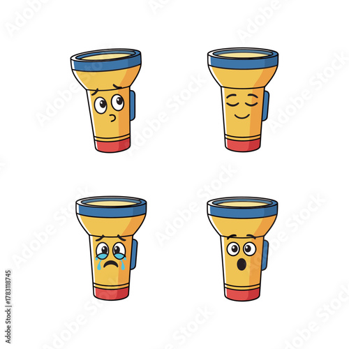 Set of four cute cartoon yellow flashlight characters with different facial expressions: pensive, peaceful, crying sad, and surprised/shocked