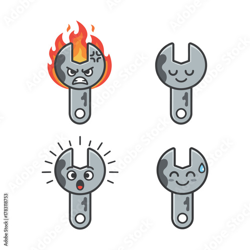 Set of four cartoon wrench tool characters with various exaggerated expressions: angry with fire, peaceful, surprised/shocked, and happy/blushing