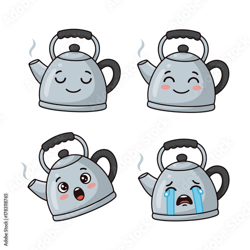 Set of four cute cartoon stovetop kettle characters emitting steam, showing expressions of peaceful, happy, surprised/shocked, and crying sad