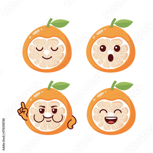 Set of four cute cartoon grapefruit slice characters with various expressions: peaceful, surprised, mischievous/pointing, and happy winking