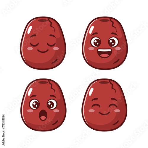 Set of four cute cartoon jujube fruit characters with various facial expressions: peaceful, laughing happy, surprised/shocked, and cheerful winking