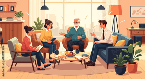 Diverse group engaged in lively discussion around coffee table in bright, modern living room, fostering collaboration and connection