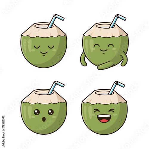 Set of four cute green coconut drink cartoon characters with a straw, showing expressions of peaceful, happy/stretching, surprised/shocked, and laughing out loud