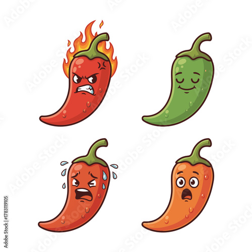 Vibrant cartoon chili pepper emotions set, featuring a fiery angry red pepper, a calm green pepper, a sweating anxious red one, and a shocked orange one