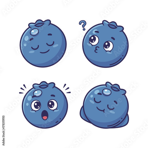 A delightful cartoon blueberry emotions set, featuring peaceful, contemplative, shocked, and relaxed poses